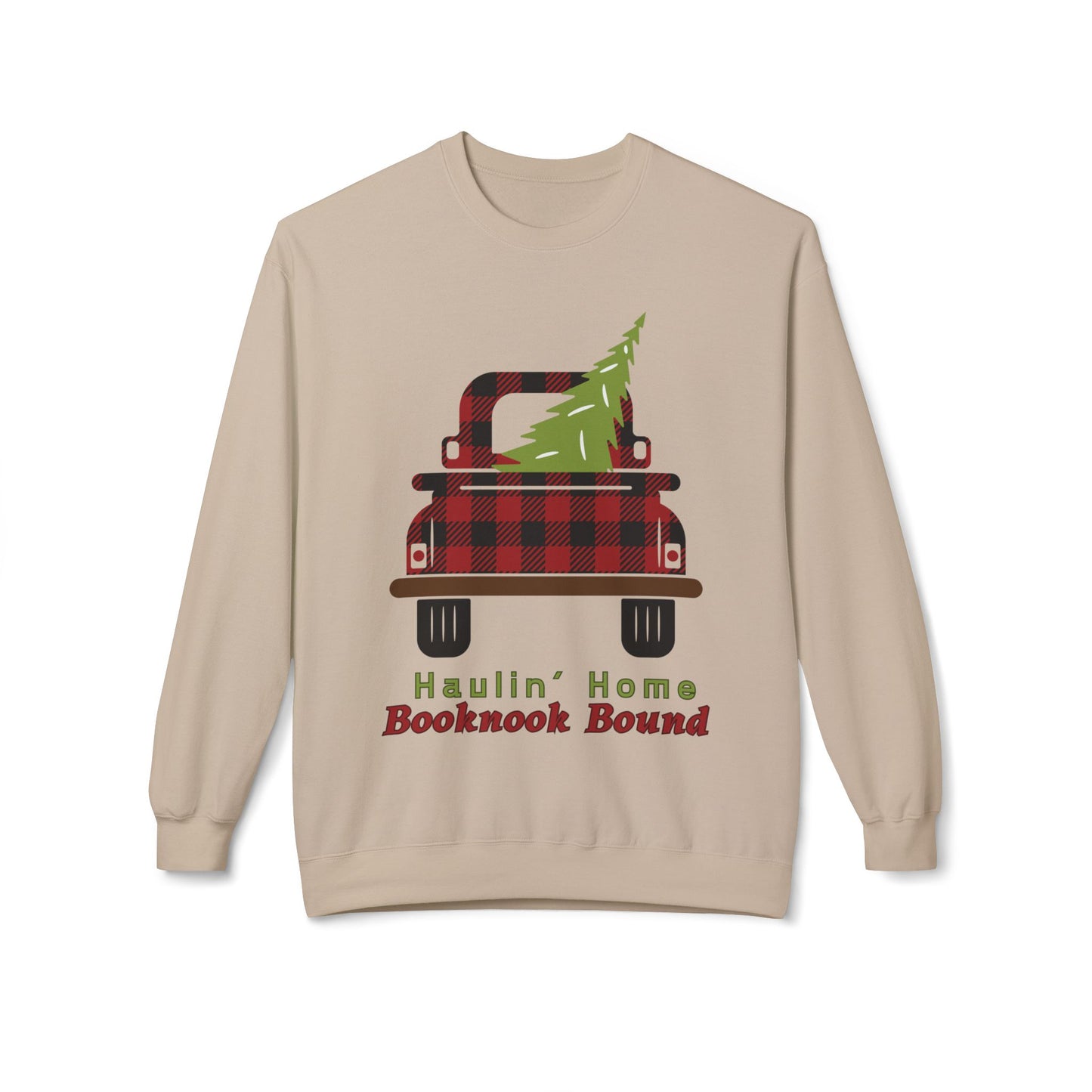 Beige sweatshirt of a red and black plaid truck with a Christmas tree in the bed and text "haulin' home booknook bound'