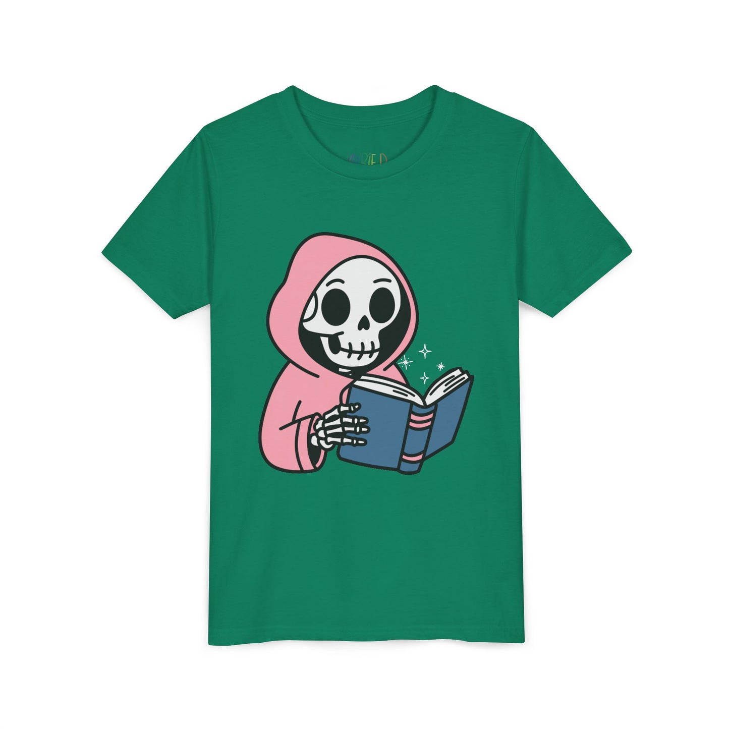 Green t-shirt with a cartoon skeleton wearing a pink hoodie and reading a book