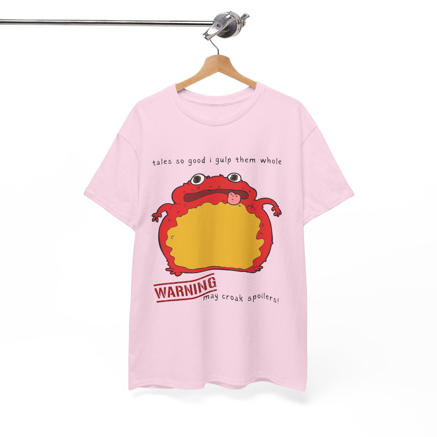 Light pink t-shirt with a red toad and text 'tales so good I gulp them whole' and 'WARNING may croak spoilers'
