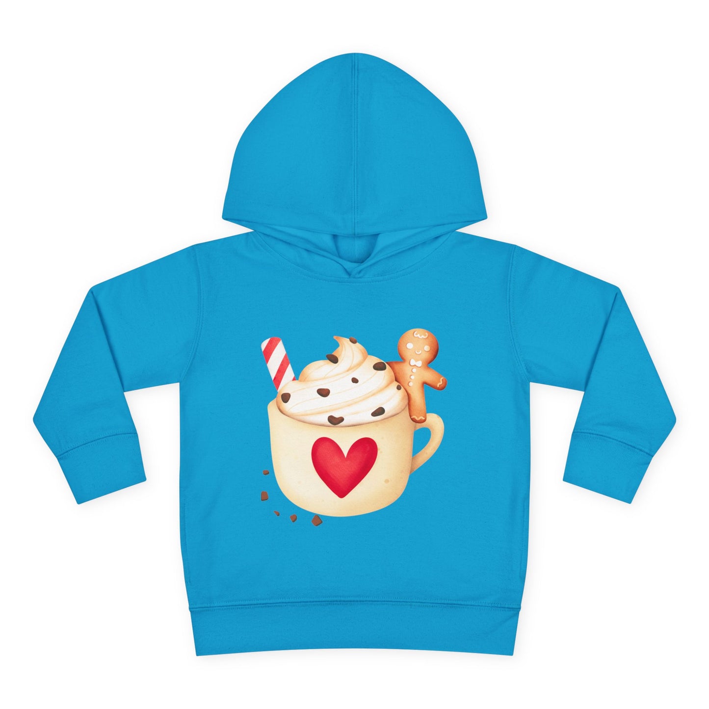 Turquoise blue toddler hoodie with a cup of hot cocoa featuring whipped cream, a candy cane, chocolate sprinkles and a gingerbread man on a white background.