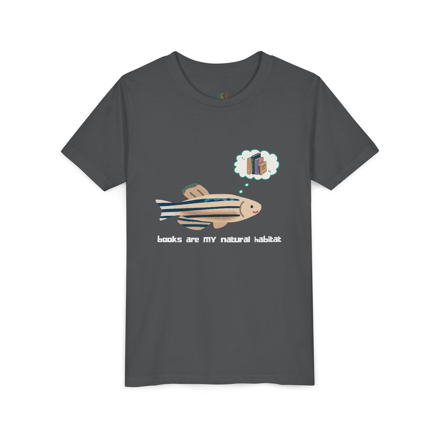 Gray t-shirt with a fish graphic, thought bubble of books and text 'books are my natural habitat'