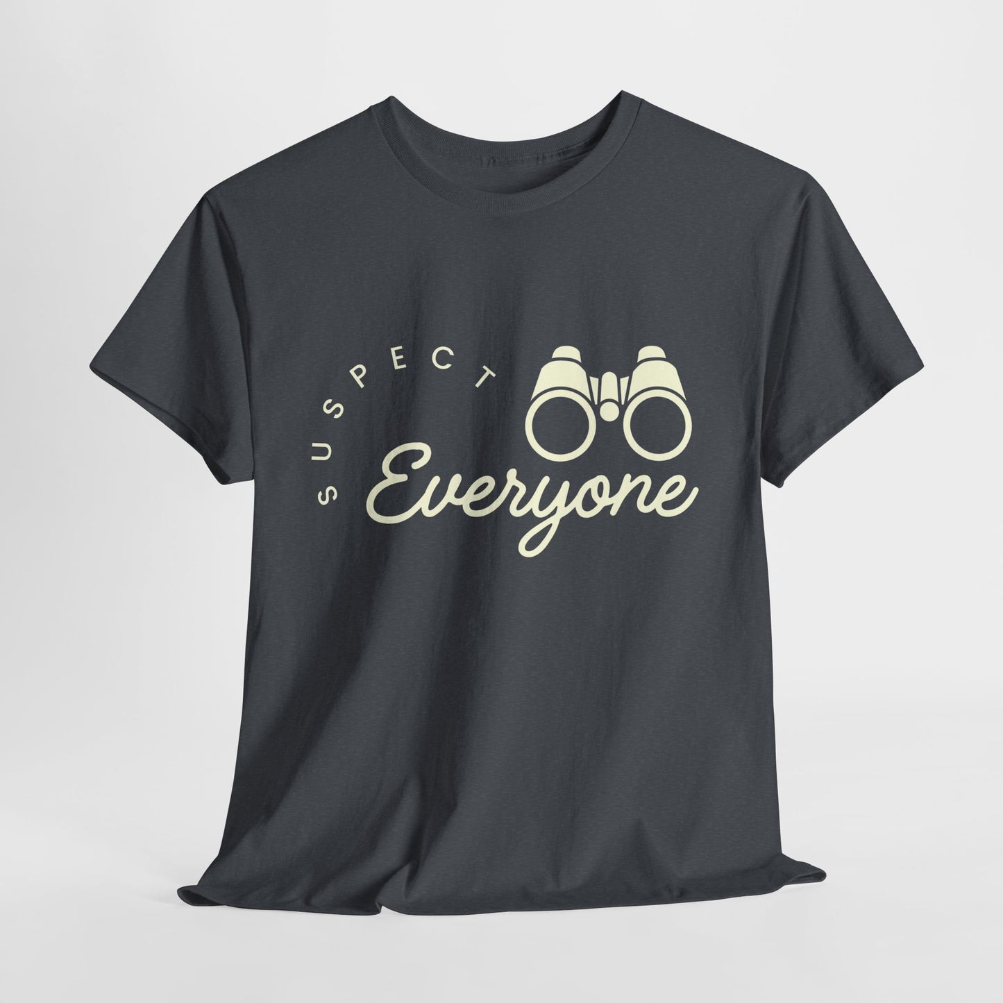 Black t-shirt with 'Suspect Everyone' text and binoculars graphic on a light gray background