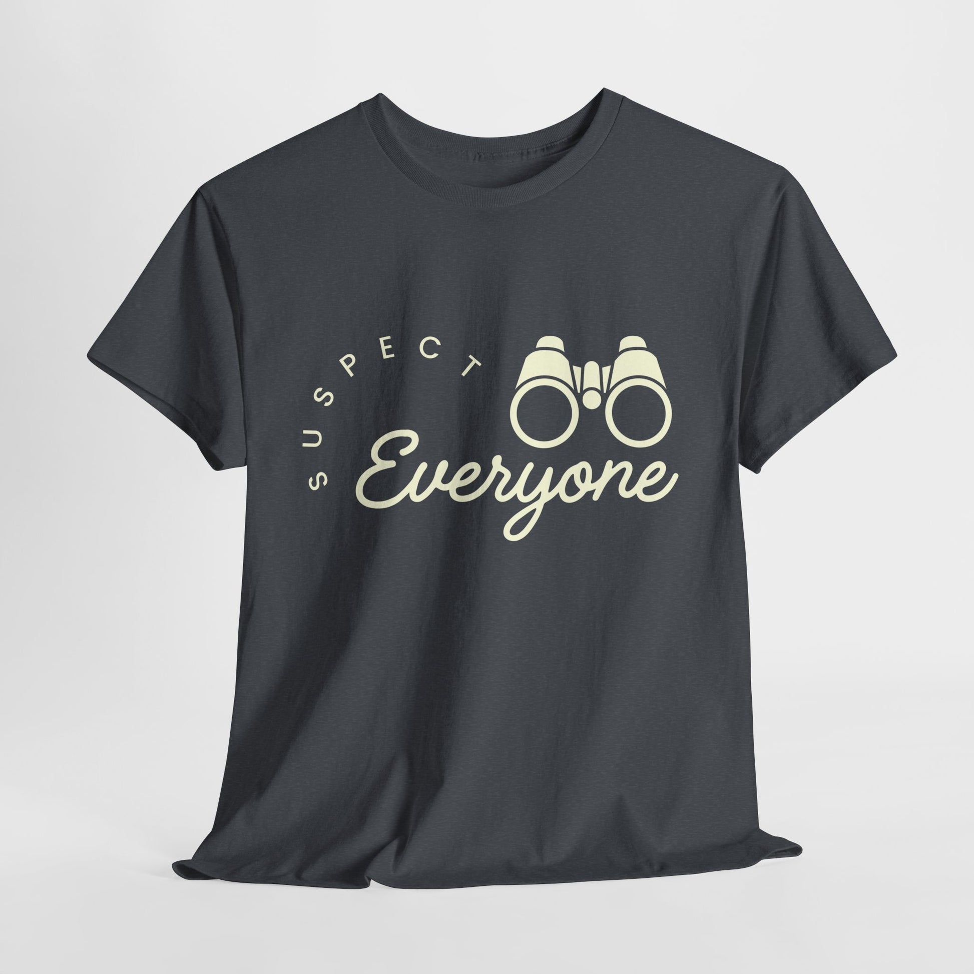 Black t-shirt with 'Suspect Everyone' text and binoculars graphic on a light gray background