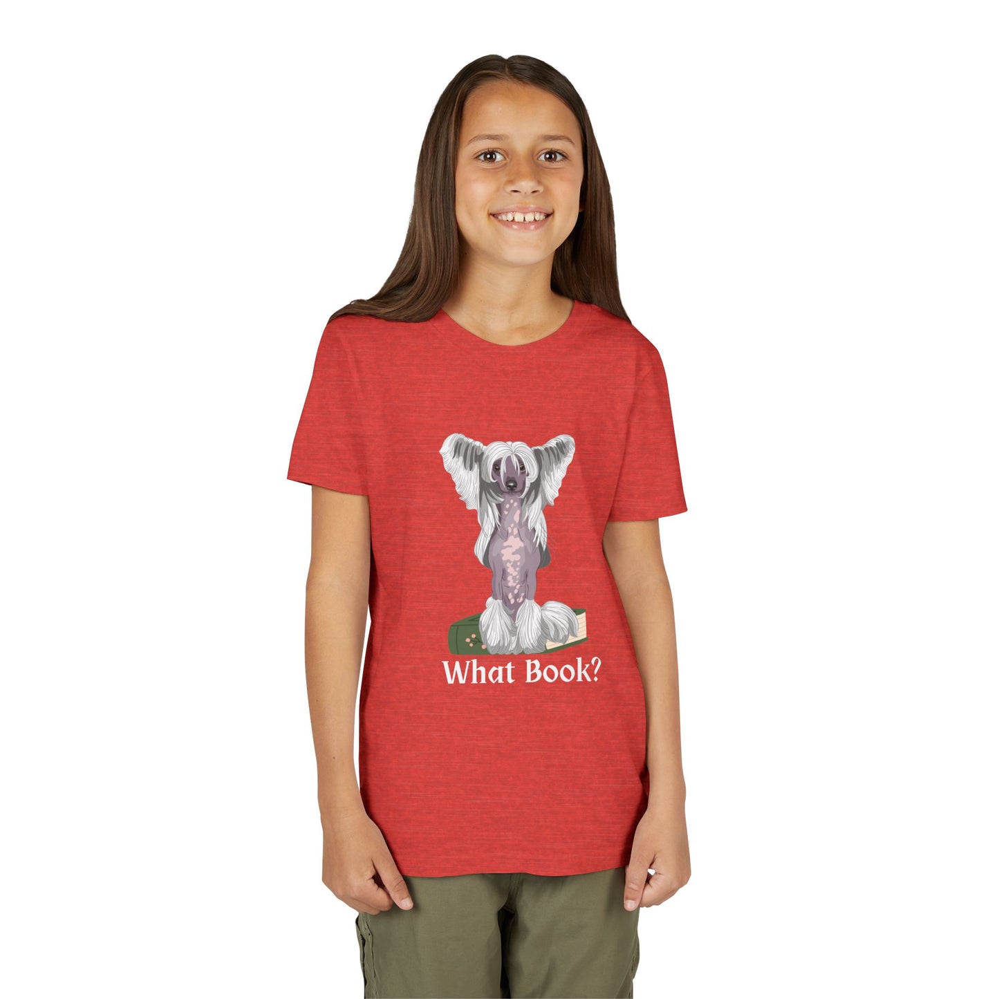Girl wearing a red t-shirt with a graphic of a dog sitting on a book and text 'What Book?' 
