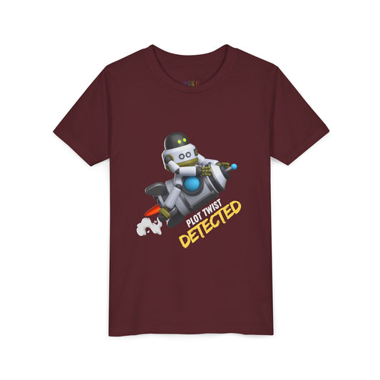 Maroon t-shirt with robot riding a rocket and text 'Plot Twist Detected' 