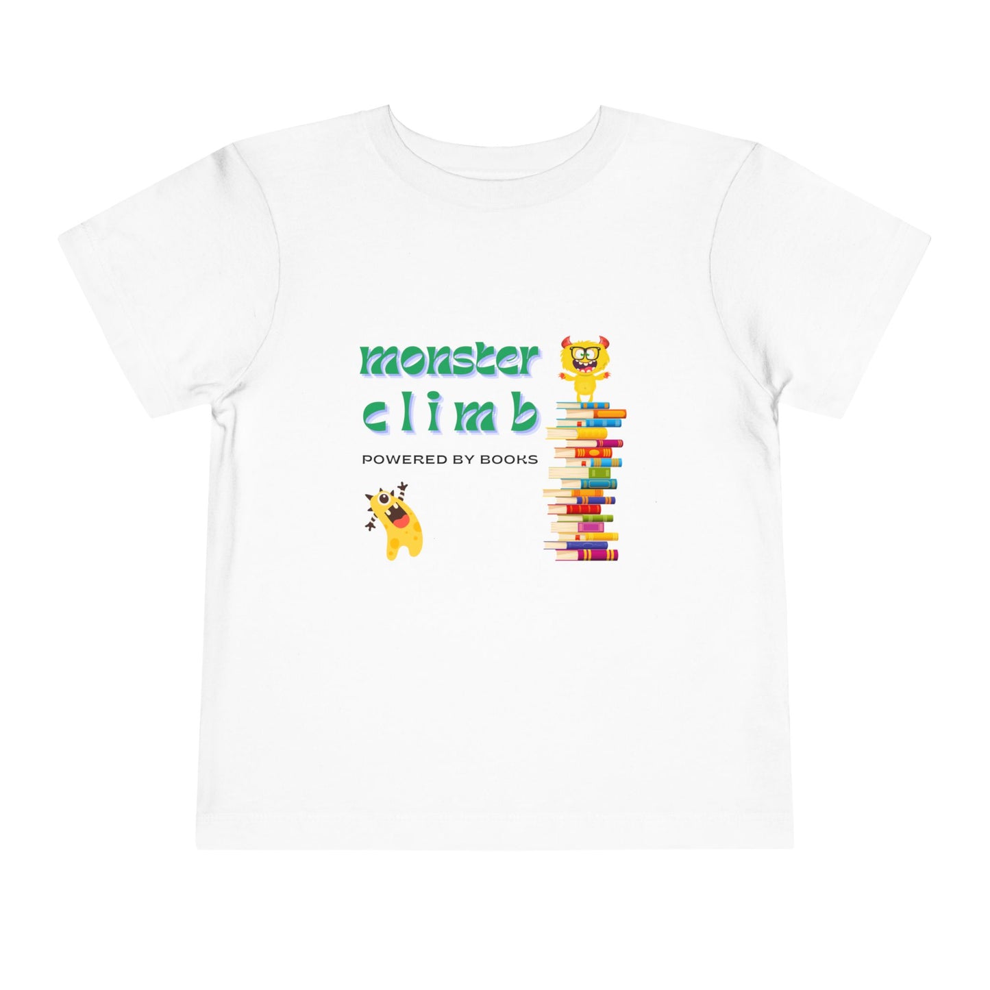 White toddler t-shirt with a monster on top of a colorful stack of books, another monster cheering him on and text 'Monster Climb Powered By Books'