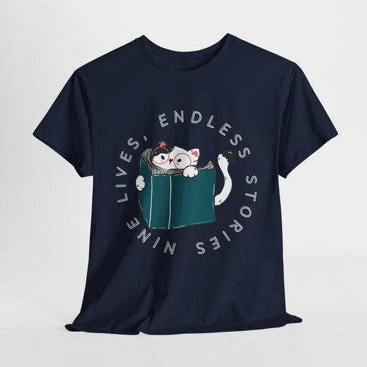 Teen/Adult Unisex "Nine Lives, Endless Stories" Cat & Book Graphic T-Shirt – Fun Reader Gift Tee
