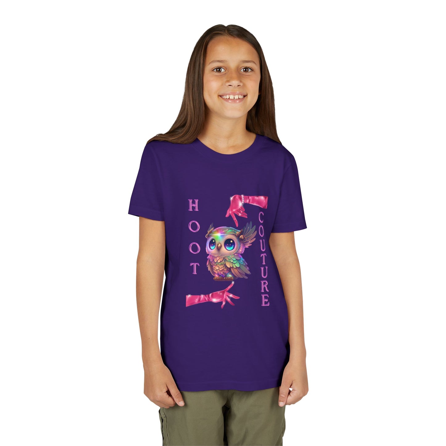 Girl wearing a purple t-shirt with colorful a fancy rainbow colored owl, fashion pink gloves and text 'HOOT COUTURE'
