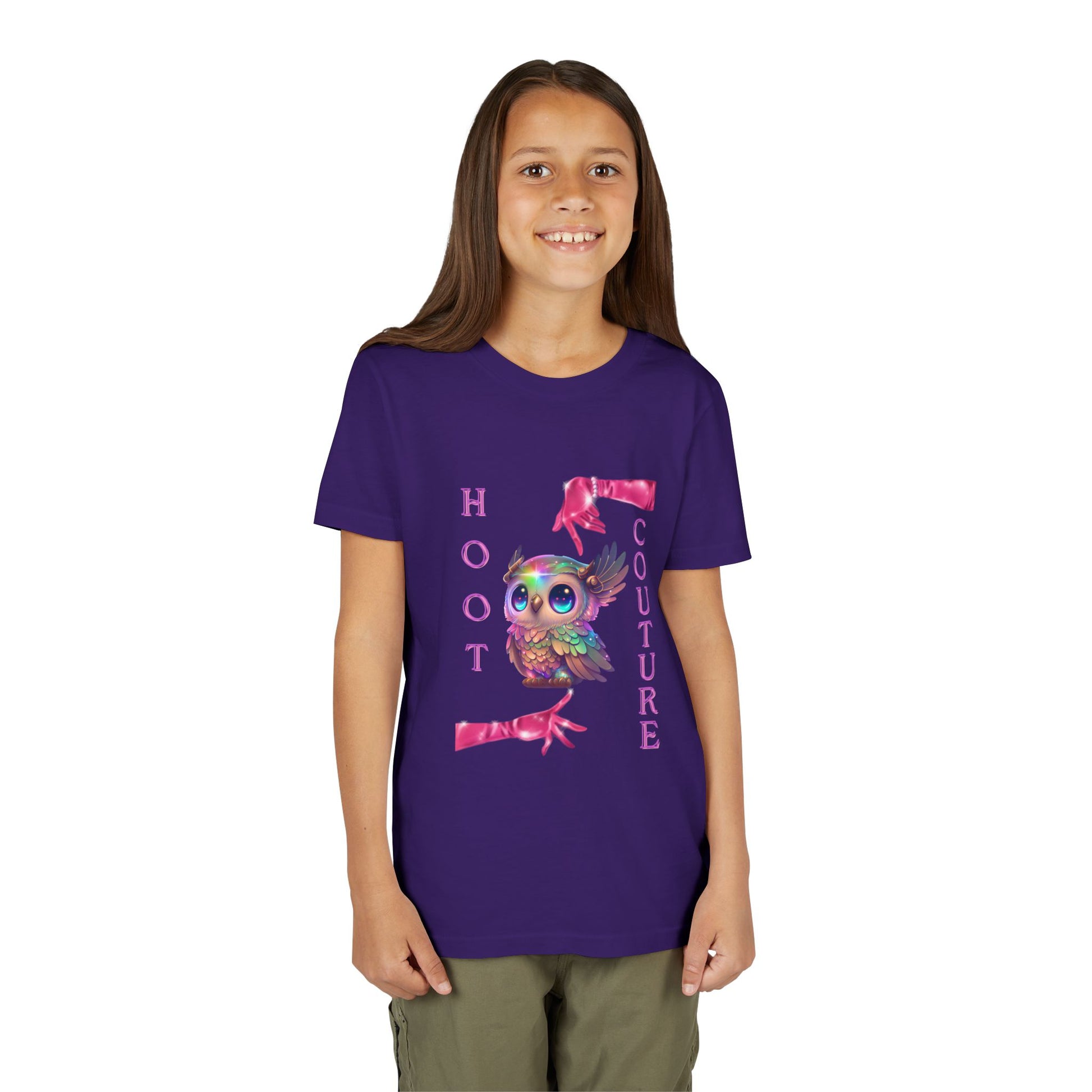 Girl wearing a purple t-shirt with colorful a fancy rainbow colored owl, fashion pink gloves and text 'HOOT COUTURE'