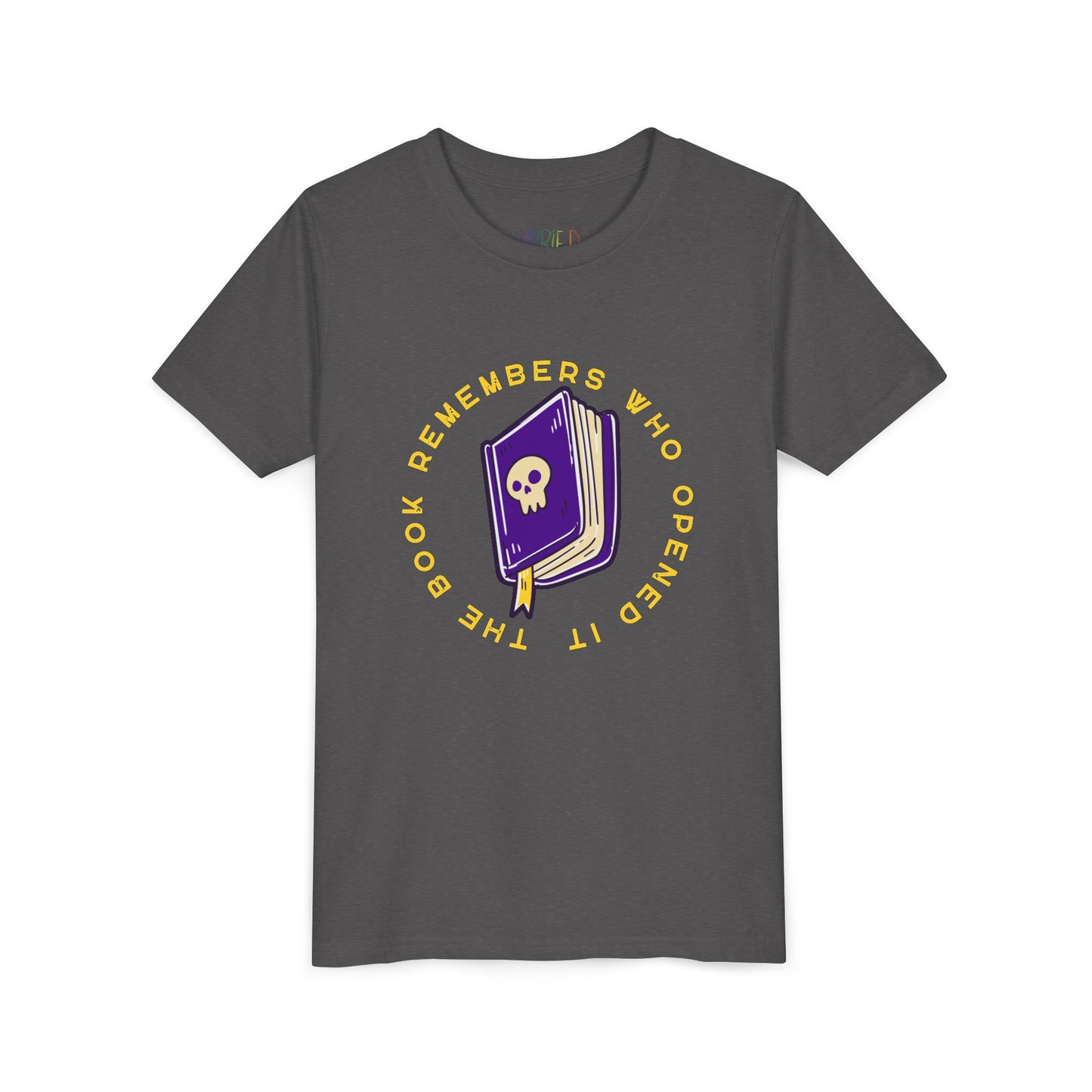 Gray t-shirt with a purple book graphic, featuring a skull on the cover and surrounded by yellow text 'The Book Remembers Who Opened It'