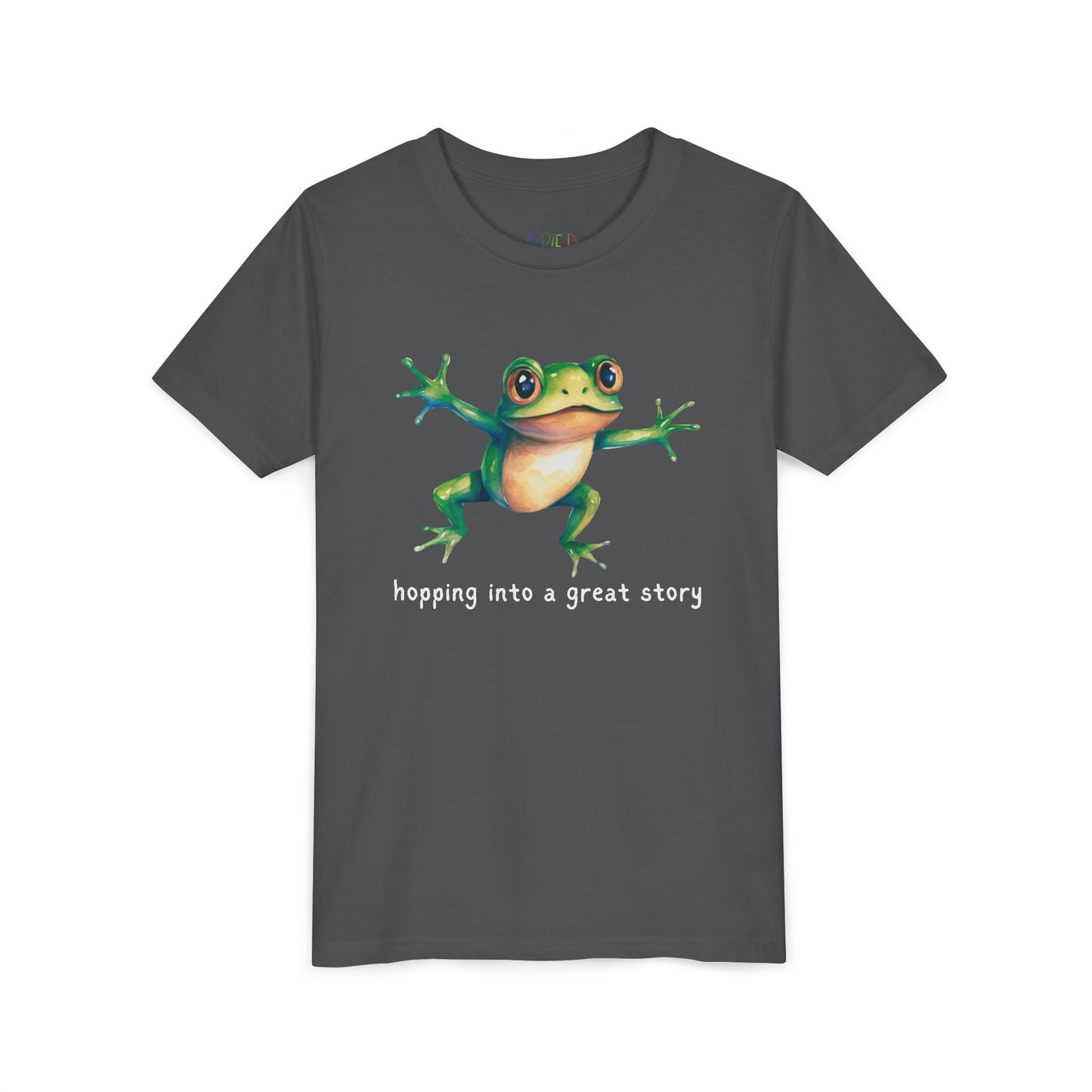 Youth Hopping Into a Great Story Tee – Frog Reading Shirt for Curious Young Readers