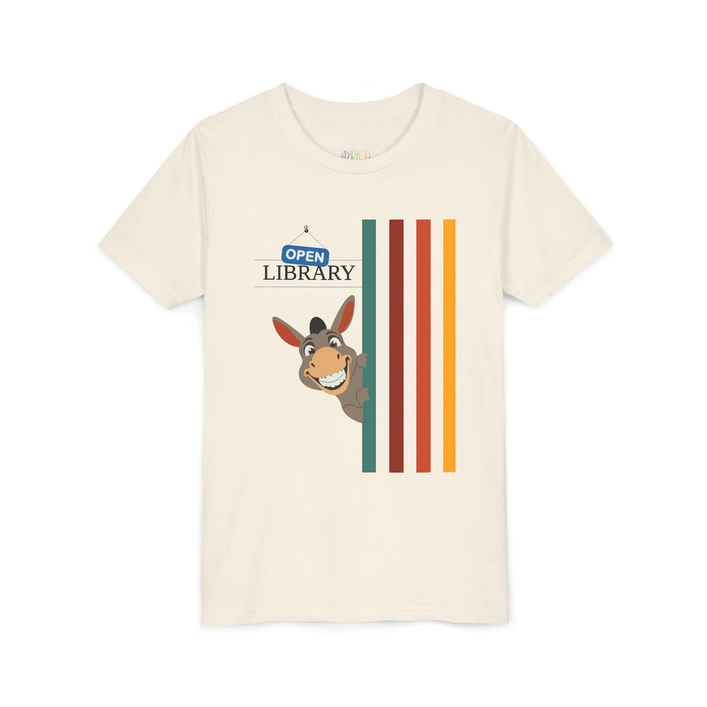 Beige t-shirt with cartoon donkey peaking around a rainbow wall and text 'Open Library'