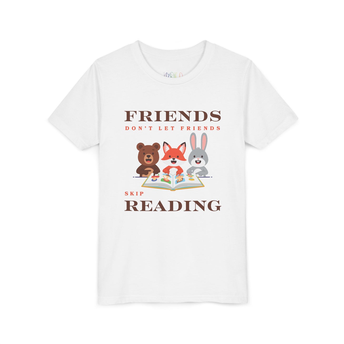White t-shirt with cartoon animals reading a book and text 'Friends don't let friends skip reading' 