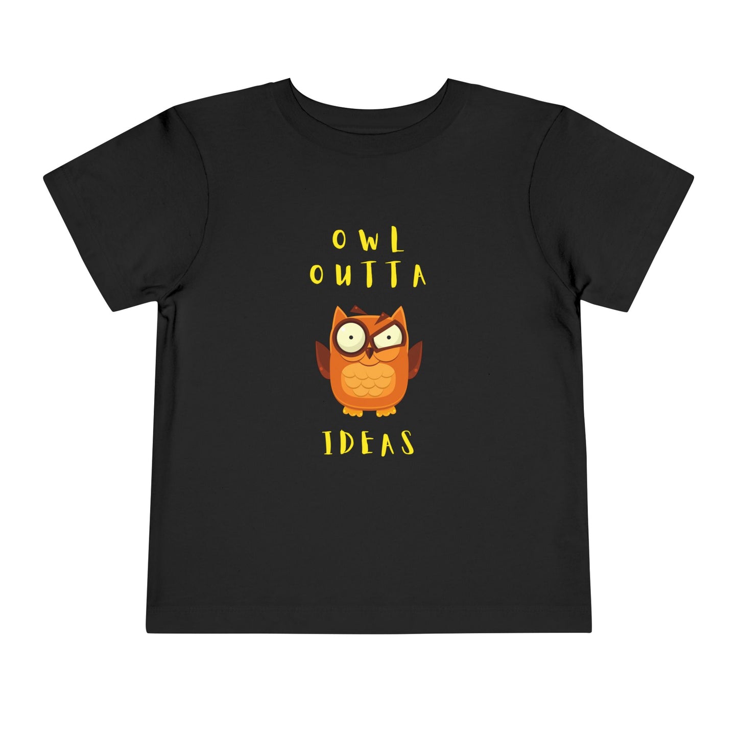 Black t-shirt with an flustered owl graphic and text 'Owl Outta Ideas'