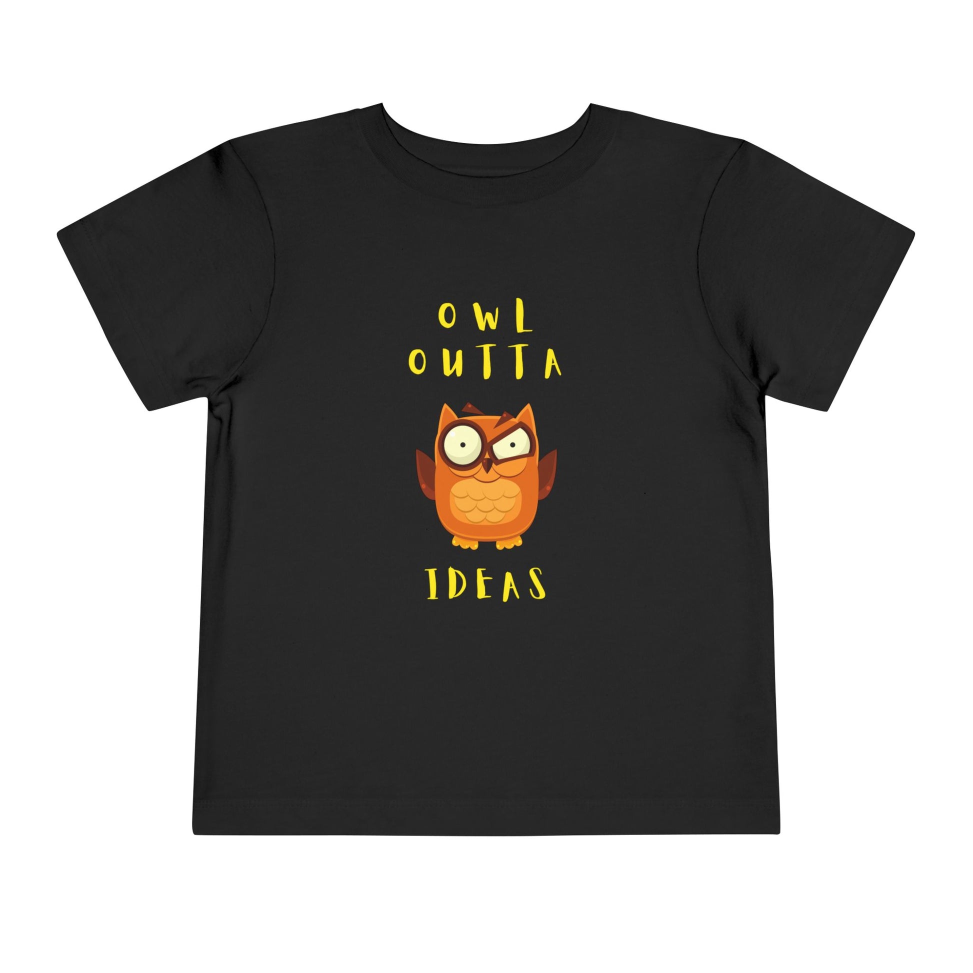 Black t-shirt with an flustered owl graphic and text 'Owl Outta Ideas'