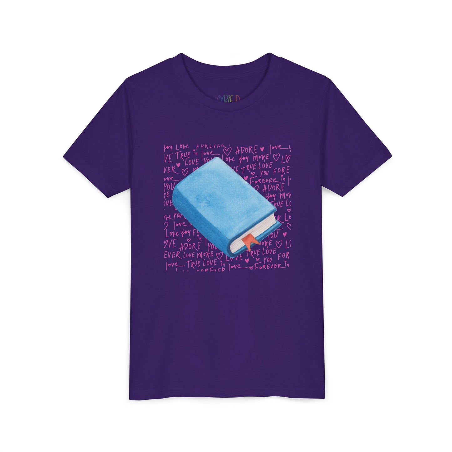 Purple t-shirt with a pink hand writing and a blue book graphic 