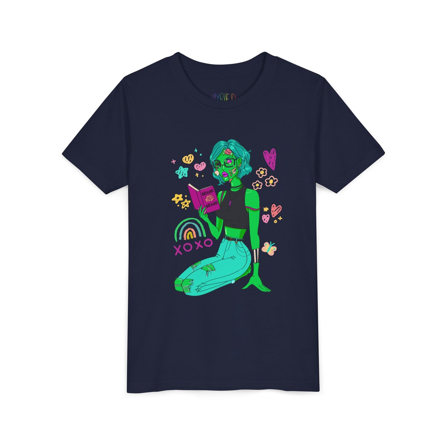 Navy blue t-shirt with a girl zombie reading a book, surrounded by colorful doodles