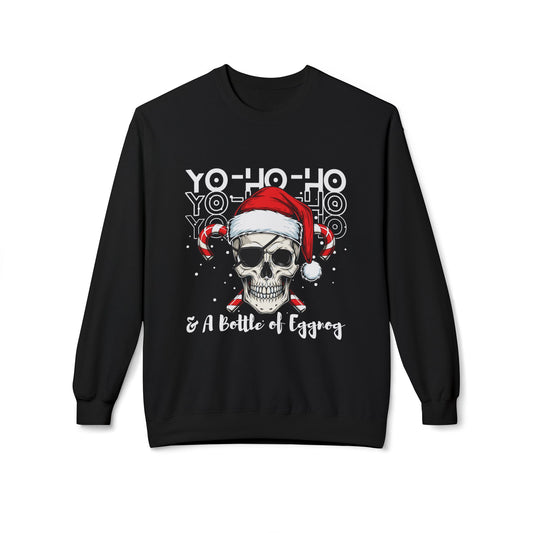 Black sweatshirt with a skull wearing a Santa hat and text 'YO-HO-HO & A Bottle of Eggnog' on a white background