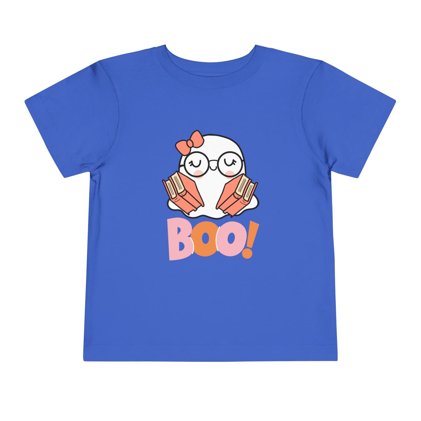 Blue t-shirt with a ghost holding books in each arm and large 'BOO!' text 