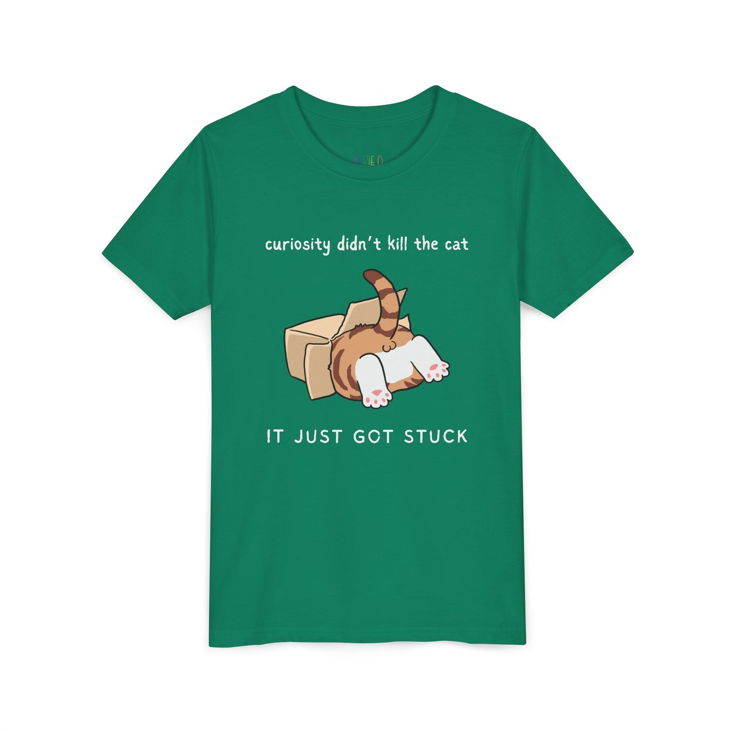 Green t-shirt with a cat inside a box and text 'curiosity didn't kill the cat, it just got stuck' 