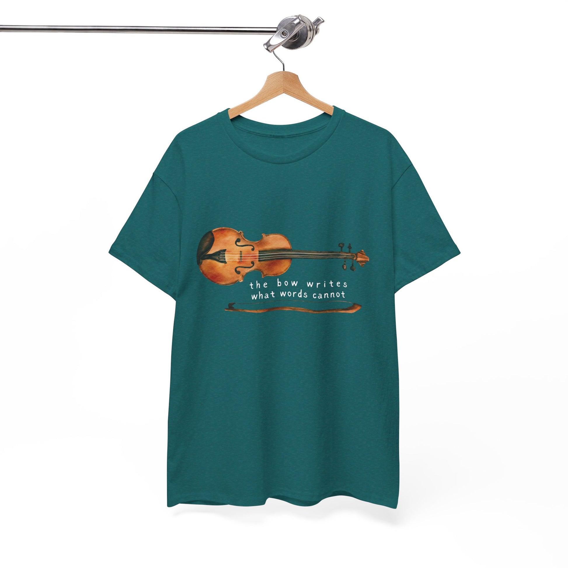 Teal t-shirt with a violin graphic and text 'the bow writes what words cannot'