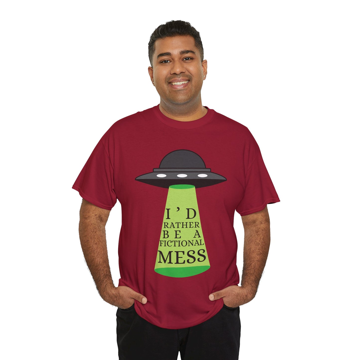 Man wearing a red t-shirt with a UFO graphic beaming up text 'I'd Rather Be a Fictional Mess'