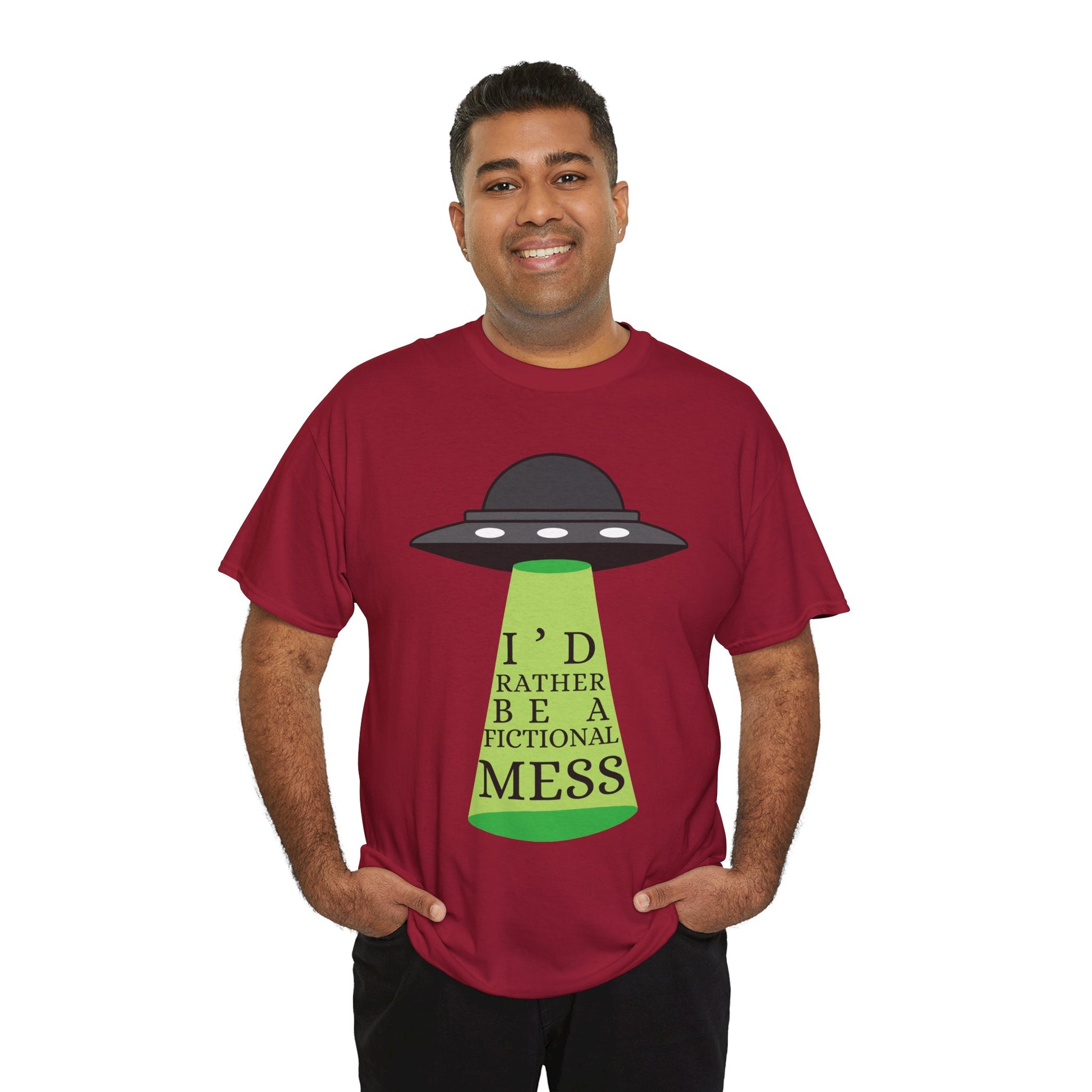 Man wearing a red t-shirt with a UFO graphic beaming up text 'I'd Rather Be a Fictional Mess'