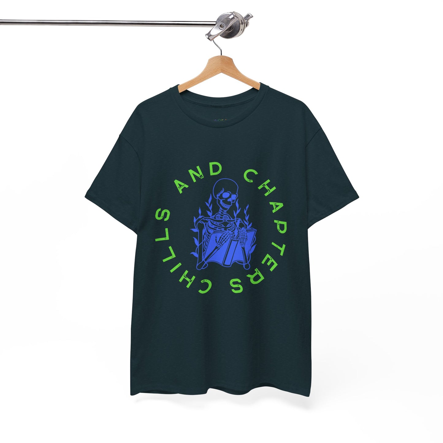 Teen/Adult Unisex Chills and Chapters T-Shirt â€“ Skeleton Horror Reader Graphic Tee
