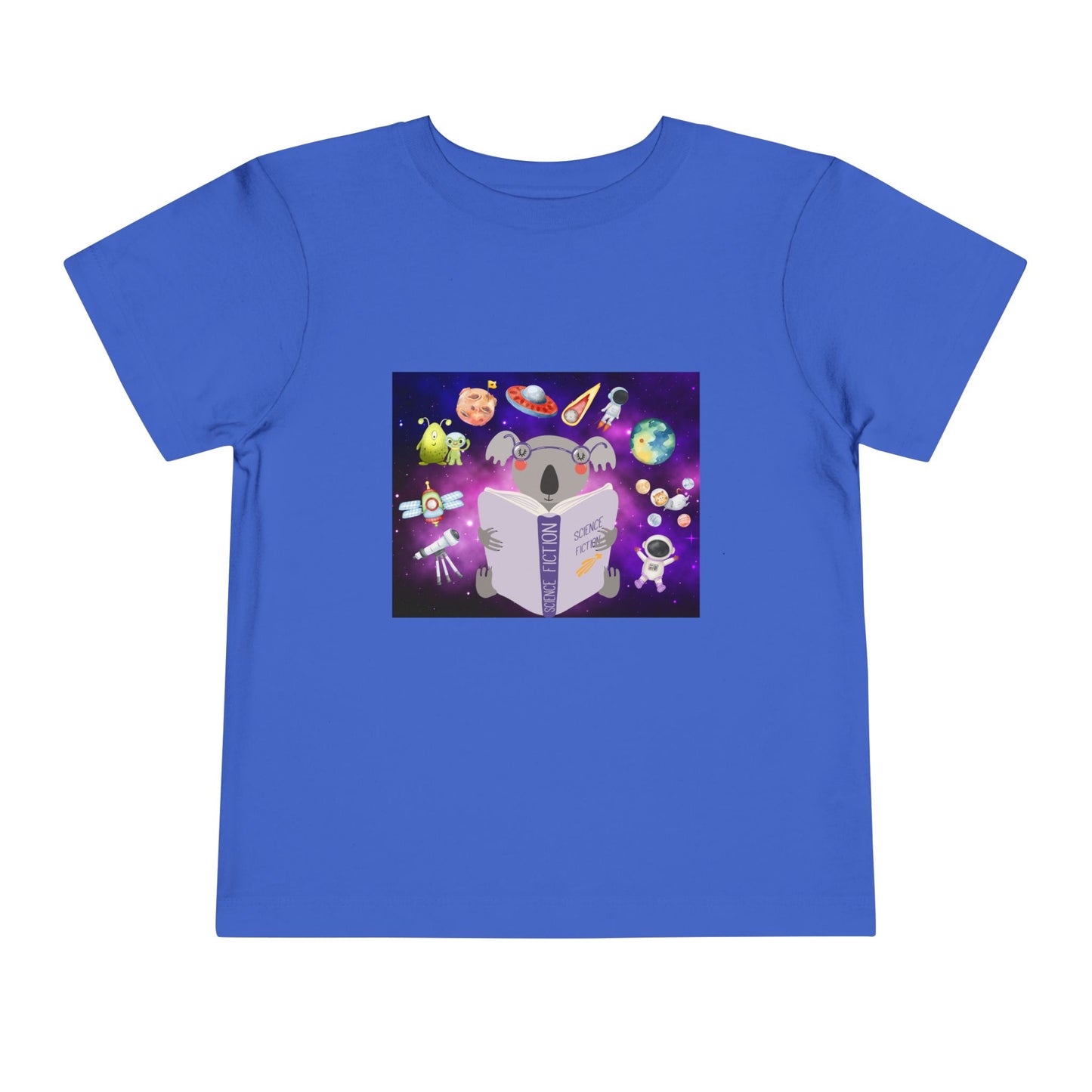 Blue toddler t-shirt with a colorful graphic of a koala reading a book, with all sorts of space ideas floating around 