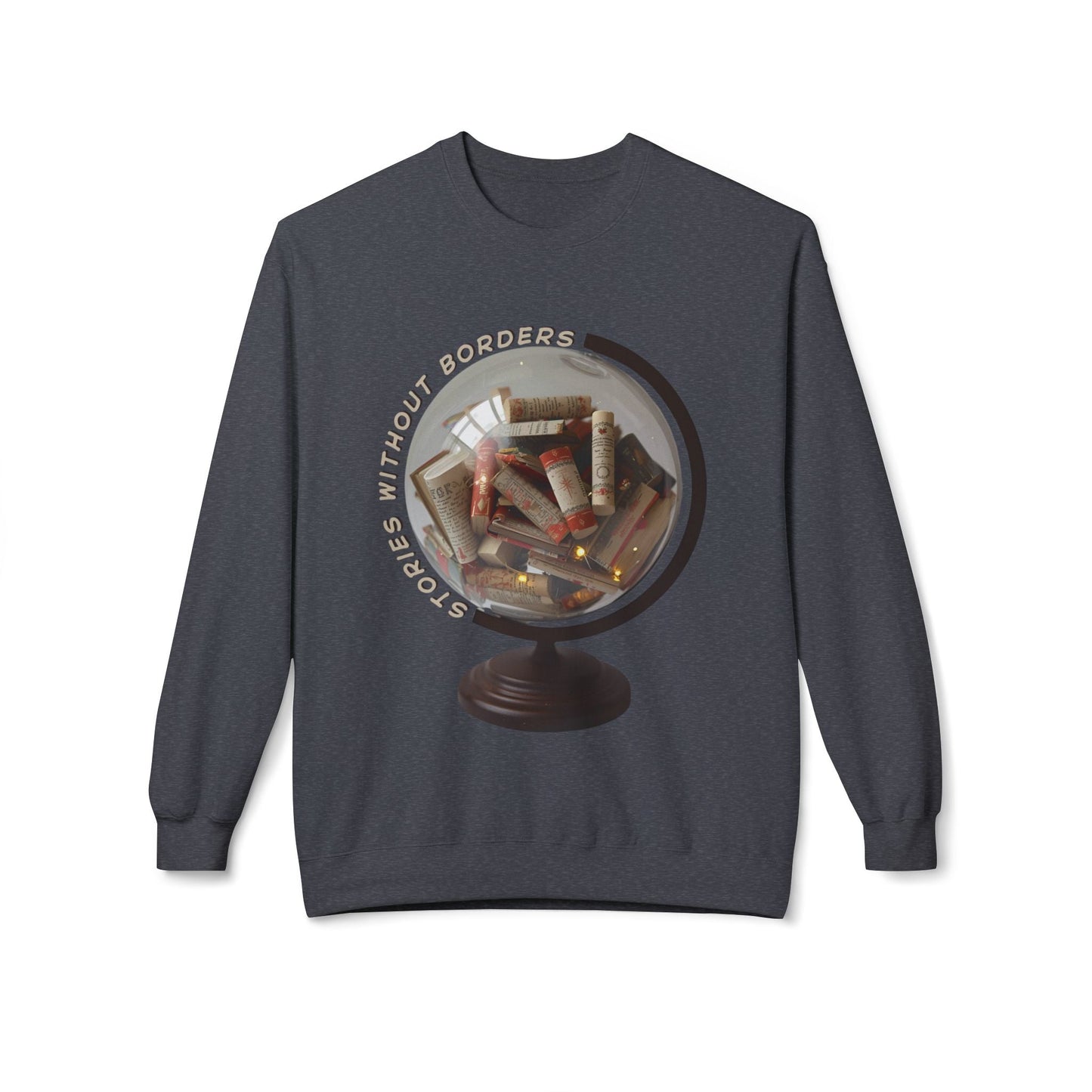 Teen/Adult Unisex Stories Without Borders Sweatshirt â€“ Literary Globe Book Scroll Design Printify