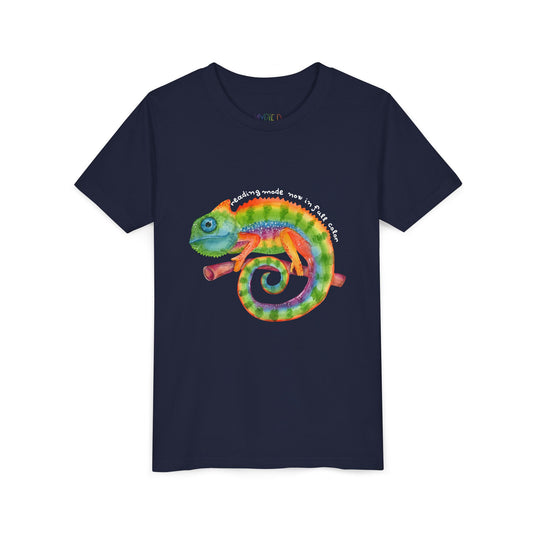 Navy blue t-shirt with a colorful chameleon and text 'reading mode now in full color'
