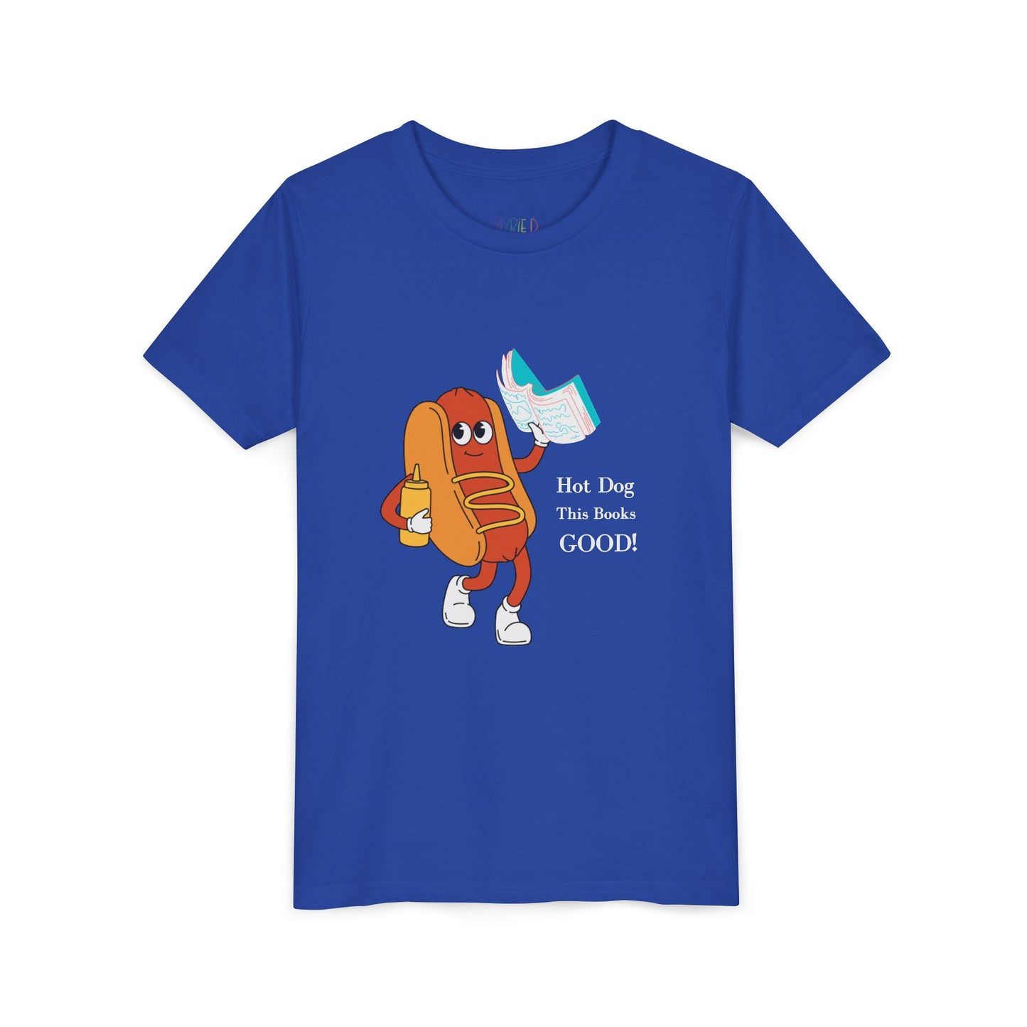 Blue t-shirt with a cartoon hot dog character holding a blue book and text 'hot dog this books good'