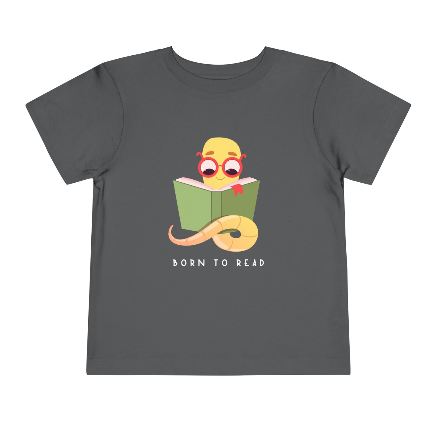 Gray toddler t-shirt with a book worm reading a book and 'Born to Read' text 