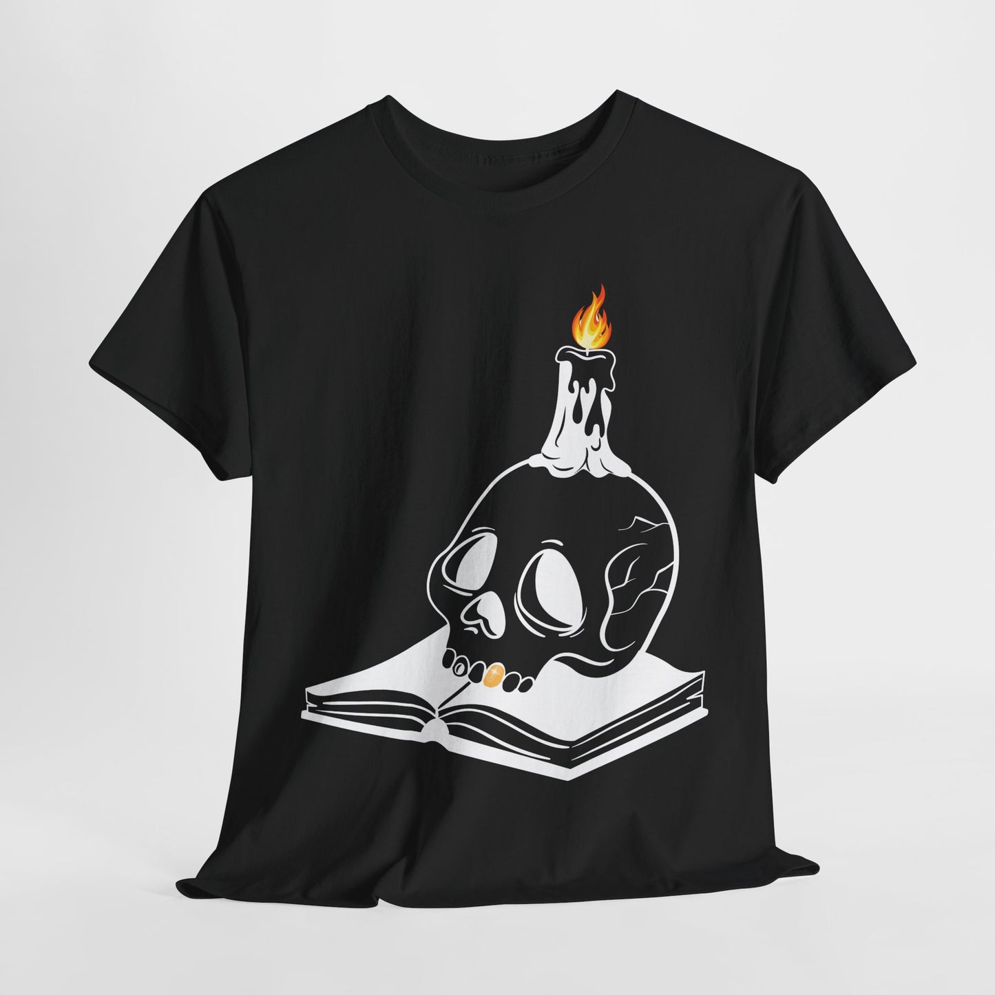 Teen/Adult Unisex Skull Candle & Book T-Shirt – Gothic Horror Reader Graphic Tee