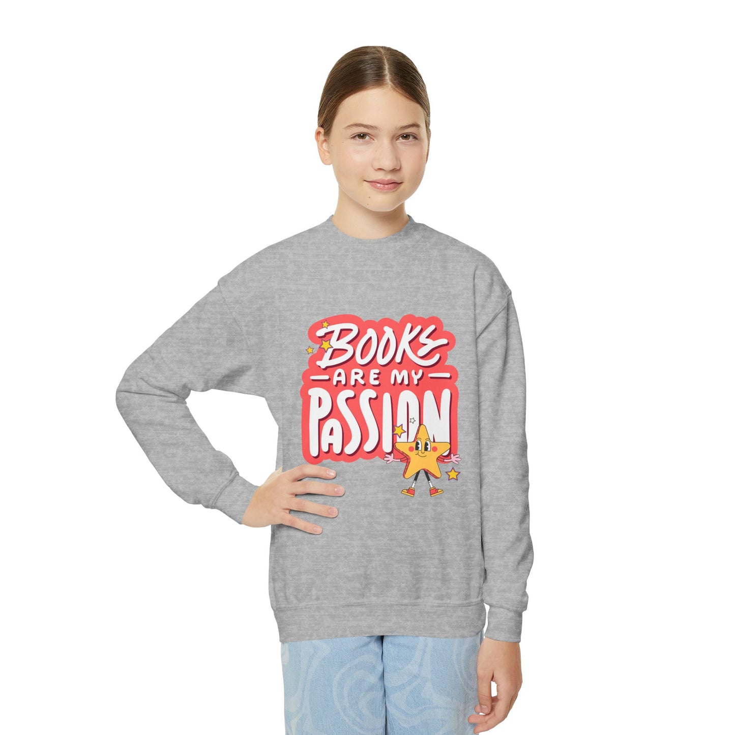 Girl wearing a gray sweatshirt with 'Books are my Passion' text and star graphic 