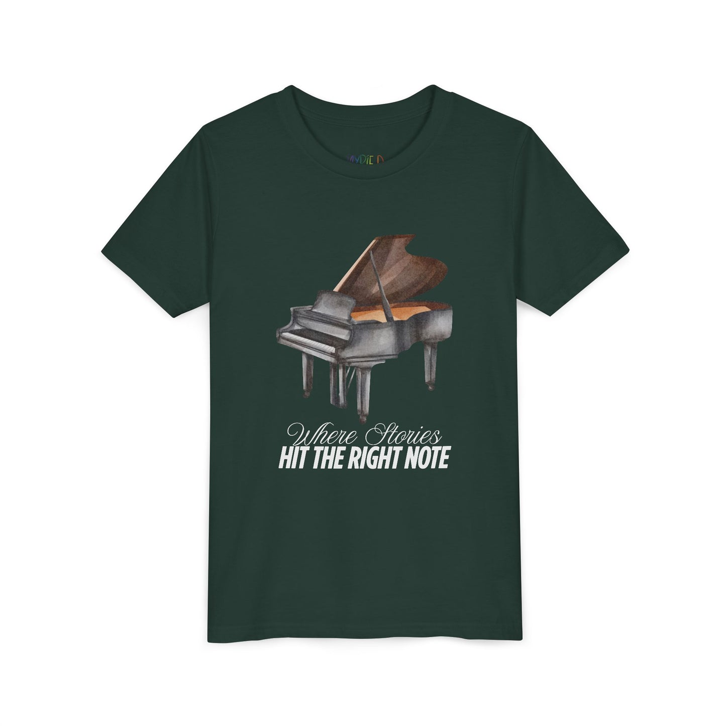 Dark green t-shirt with a grand piano graphic and text 'Where Stories Hit The Right Note'