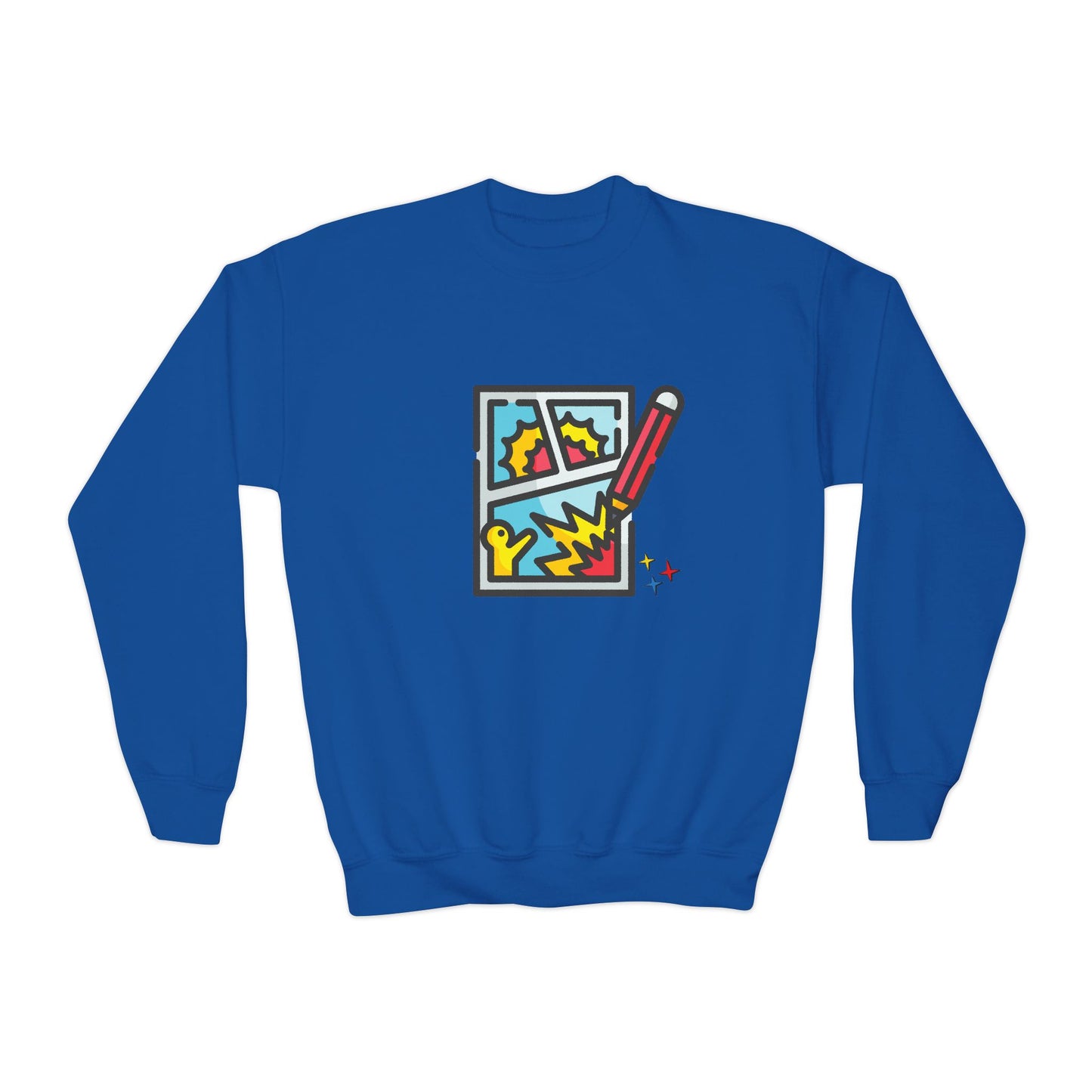 Blue sweatshirt with colorful comic book graphic drawing and pencil