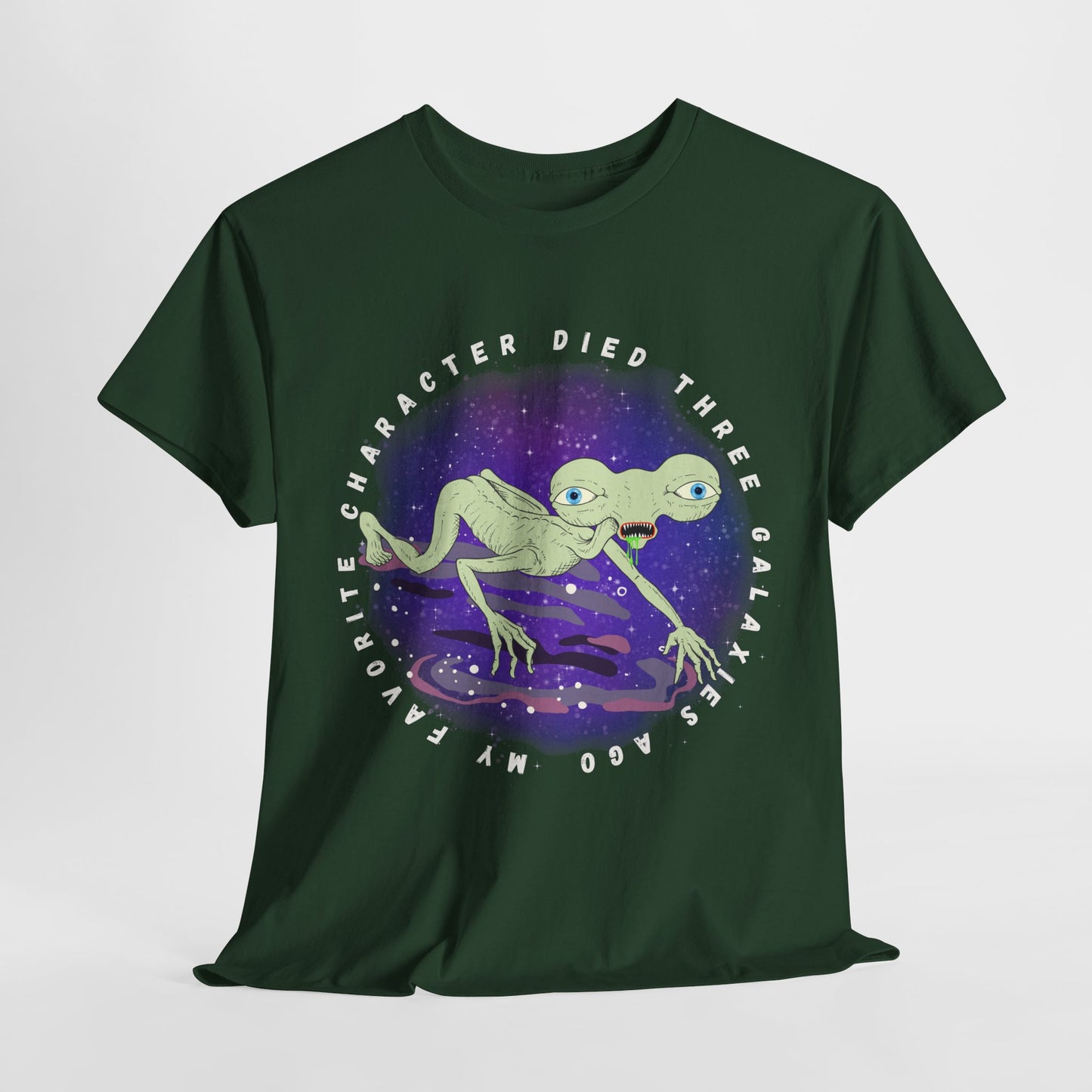 Teen/Adult Unisex “My Favorite Character Died Three Galaxies Ago” Tee – Sci-Fi Grief Club Attire