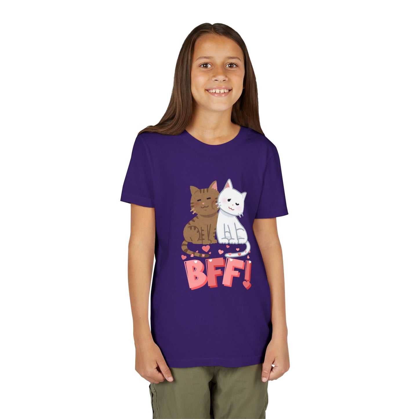 Girl wearing a purple t-shirt with two cats snuggled up with hearts and 'BFF!' text
