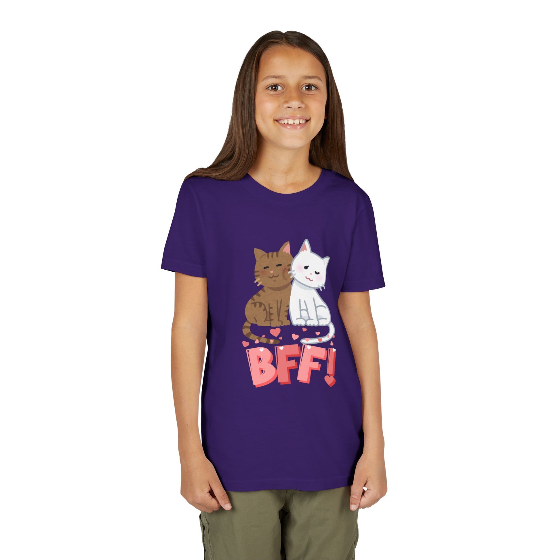 Girl wearing a purple t-shirt with two cats snuggled up with hearts and 'BFF!' text