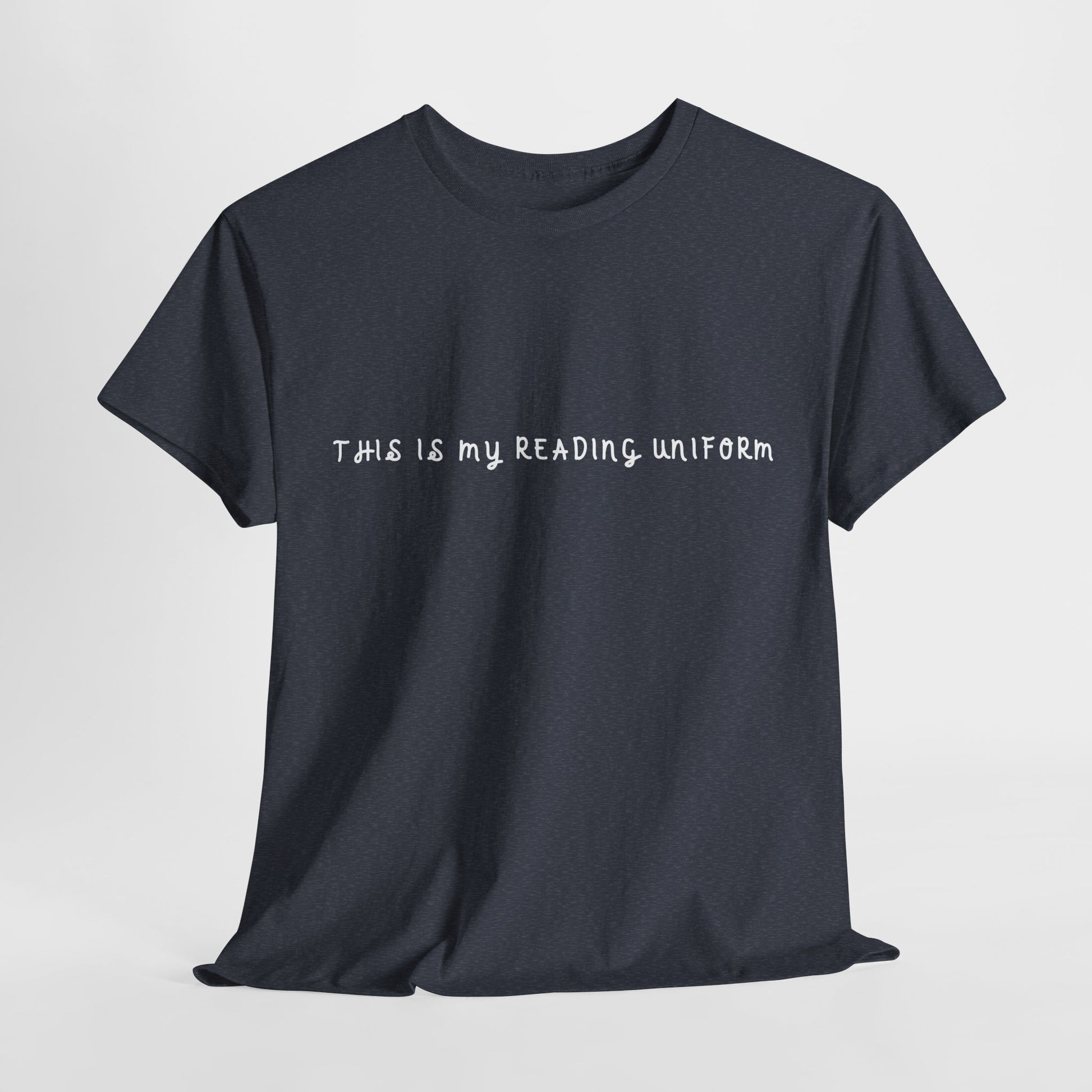 Simple gray t-shirt with white text 'THIS IS MY READING UNIFORM' 
