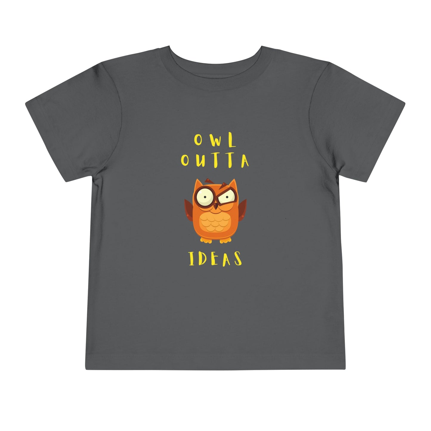 Gray t-shirt with an flustered owl graphic and text 'Owl Outta Ideas'
