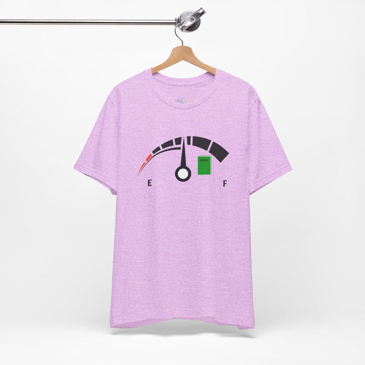 Light purple t-shirt of a fuel gage ranging from empty to full with a book near the full.