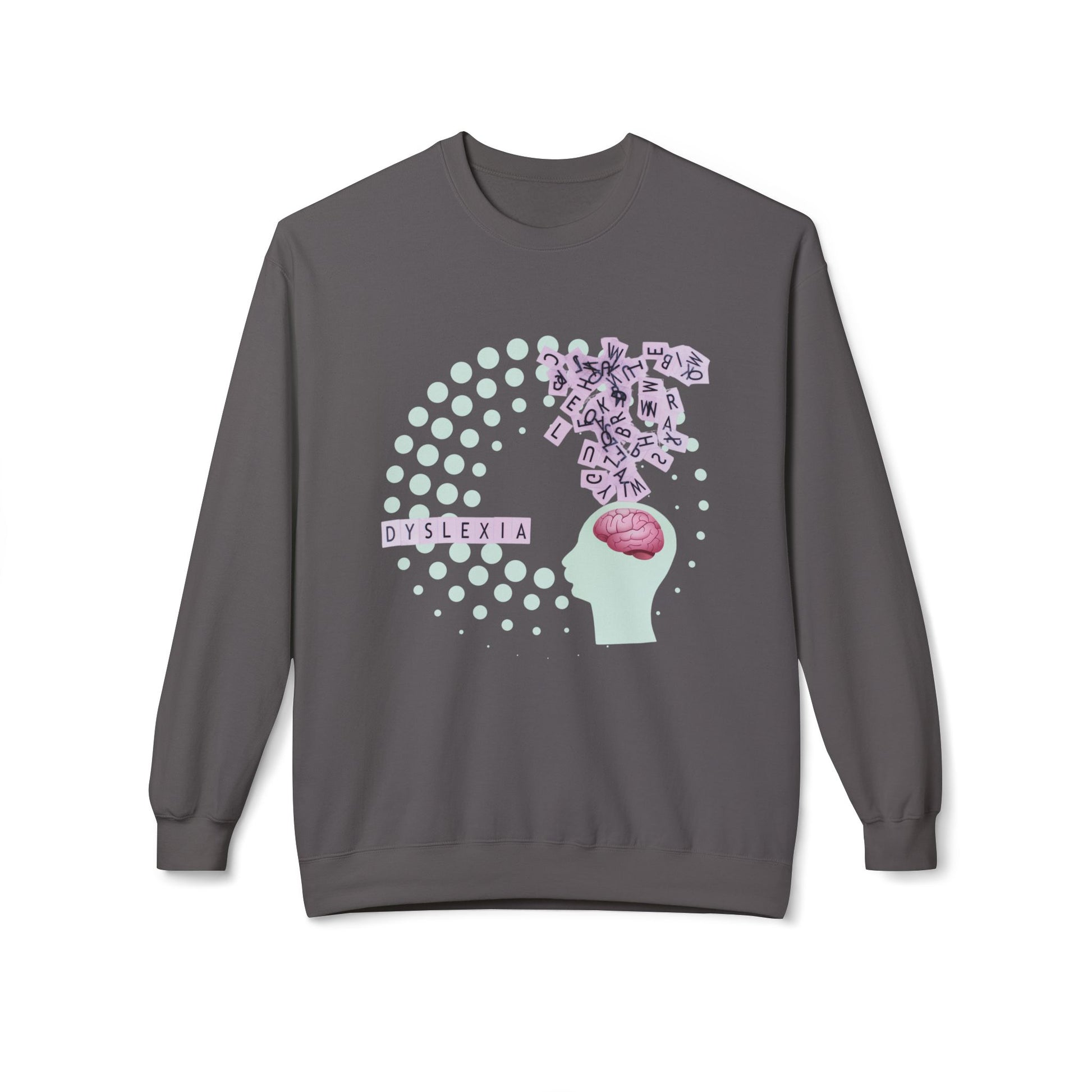 Gray sweatshirt with swirling letters dyslexia graphic design 