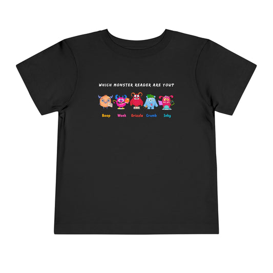 Black toddler personality t-shirt with colorful monsters lined up in a row and text 'Which Monster Reader Are You?' Monster names 'Boop, Wonk, Grizzle, Crump, Inky' on white background