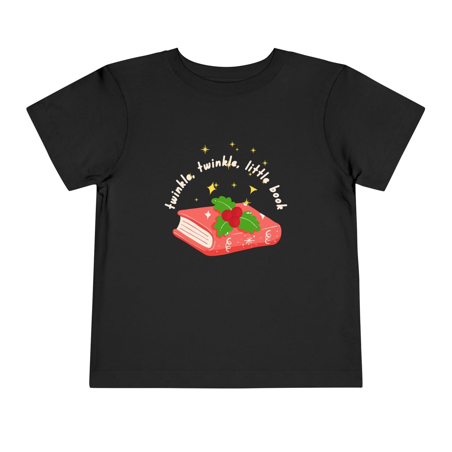 Black toddler t-shirt with a red book graphic, holly and text 'twinkle, twinkle, little book' a white background