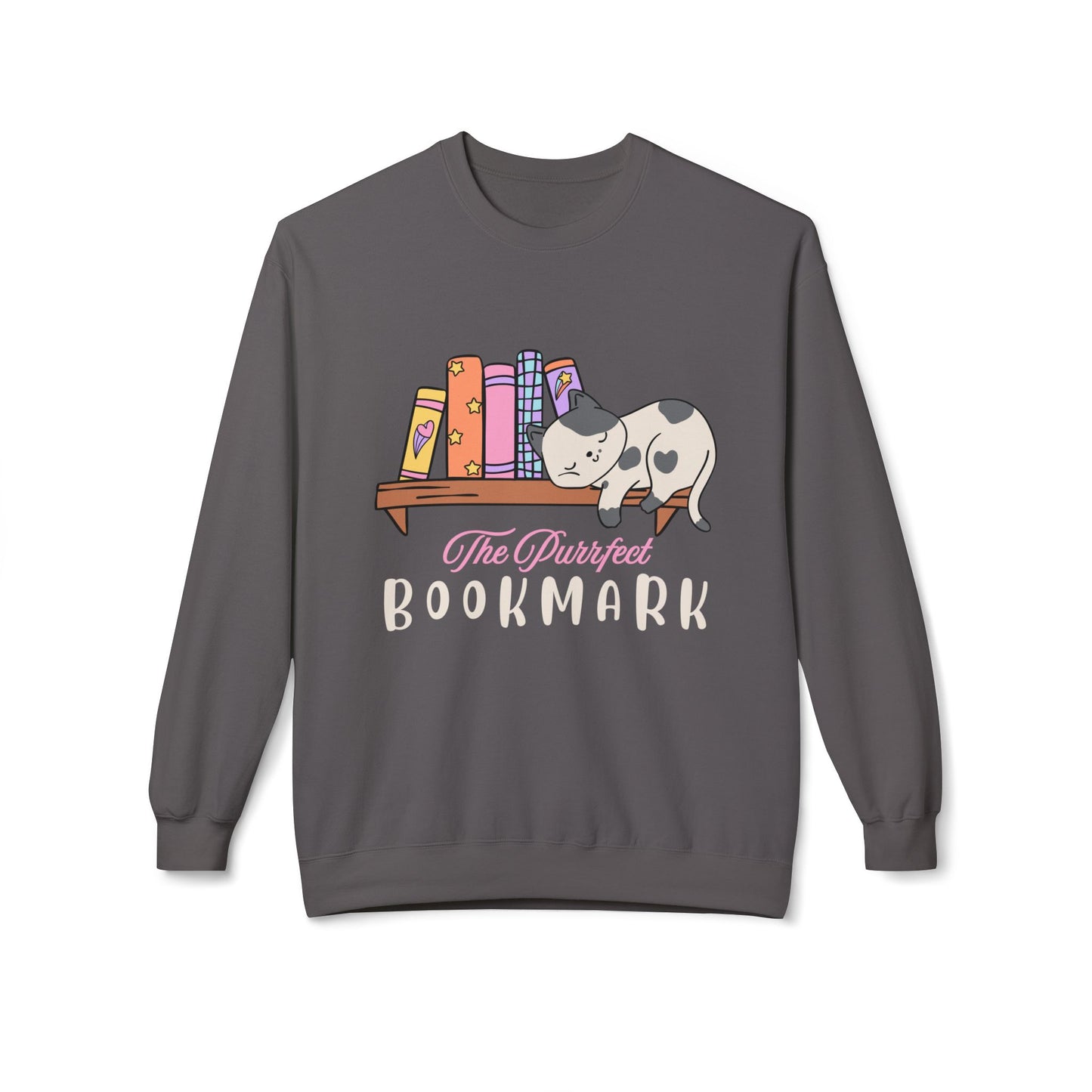 Gray sweatshirt with a cat sleeping on a bookshelf and 'The Purrfect Bookmark' text 