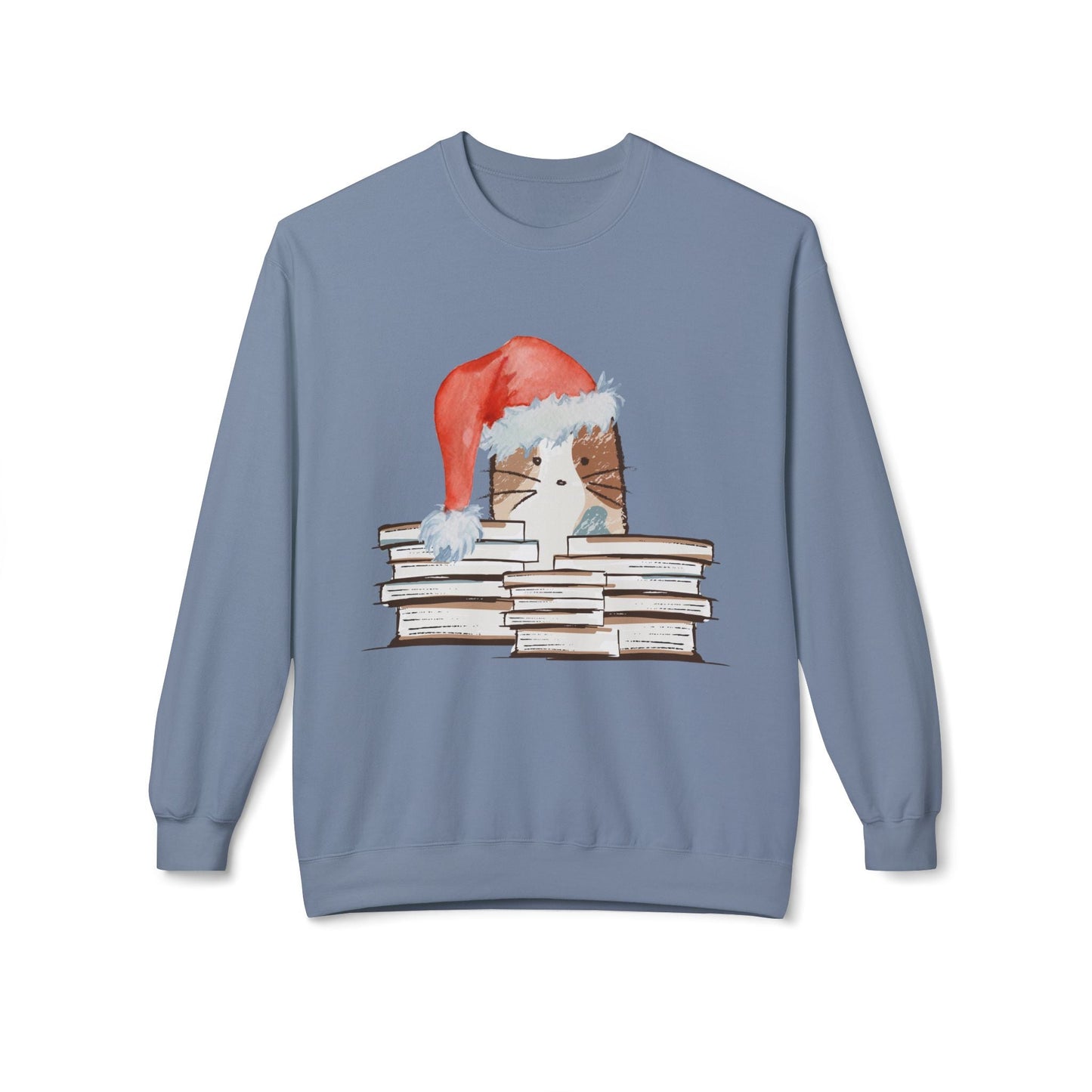 Teen/Adult Unisex Santa Hat Cat with Books Sweatshirt â€“ Cozy Holiday Reading Kitty Design Printify