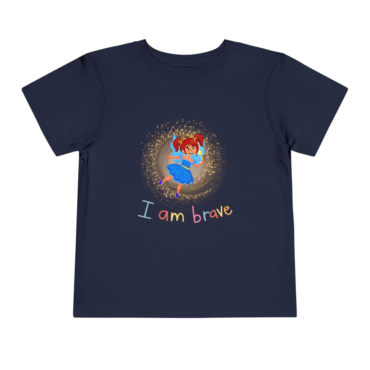 Navy blue toddler t-shirt with a fairy in spiral of sparkling light and text 'I Am Brave' 