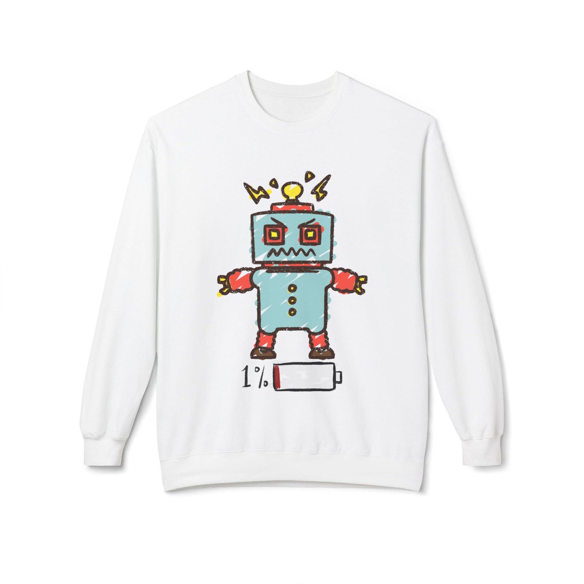 White sweatshirt with a crayon drawing of a robot graphic and battery icon featuring 1% battery 